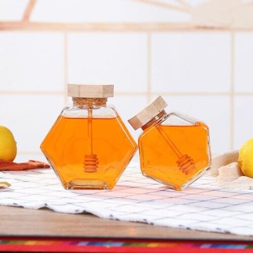 220ML/380ML Transparent Glass Hexagon Honey Jar Mini Small Sealed Storage Bottle With Wooden Honey Stick Spoon Kitchen Tools