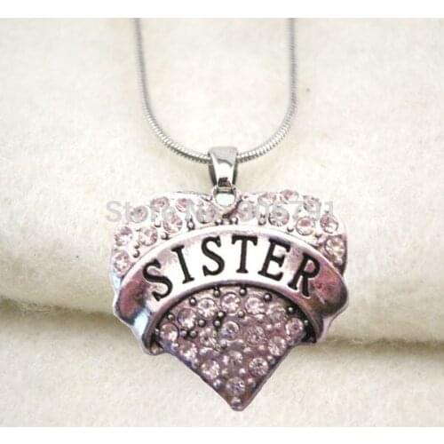 Fashion 20pcs a lot rhodium plated sister with clear crystal heart pendant necklace