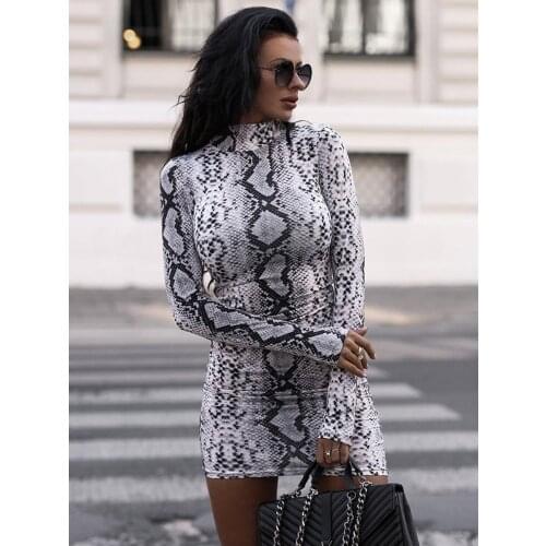 Fashion Women Autumn Snake Print Bodycon OL Mini Dress Elegant Long Sleeve Leopard Party Club Sexy Ladies Dresses Streetwear
