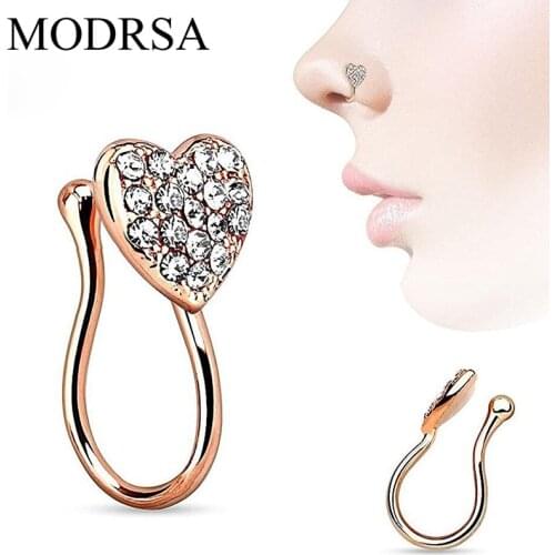 MODRSA 1Piece Heart With Gems Clip On Nose Ring Fake Non Piercing Septum Nose Clip Splint Crystal Nose Rings Hoop Body Jewelry