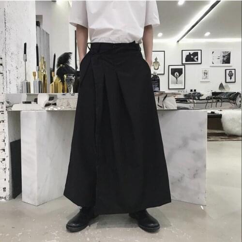 M-5xl Summer Hairstylist Overalls Skirt Pants Men Loose Casual Pants Tide Male Youth Wide Leg Pants Asymmetrical Skirts Trousers