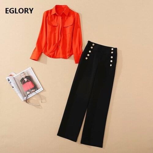 Newest Fashion Clothing Sets 2020 Autumn Business Suit Women Turn-down Collar Orange Shirts+Golden Button Deco Black Pant Set