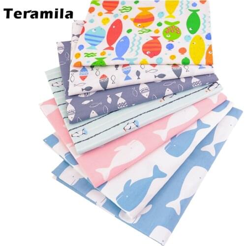 Teramila New Arrivals 100% White Cotton Fabric Fat Quarter Blue Whales Design Home Textile Material Bed Sheet Patchwork Crafts
