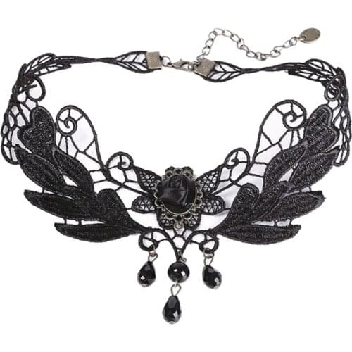Gothic Punk Style Gem Decoration Women Black Lace Beads Choker Collar Necklace Chocker Jewelry