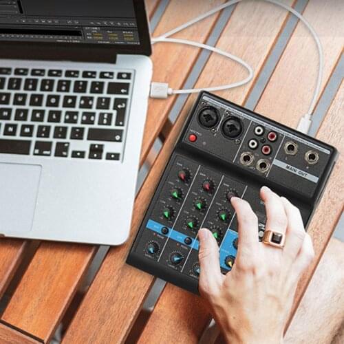 Professional Audio Mixer 4 Channels Bluetooth Sound Mixing Console for Home Karaoke KTV with USB Sound Card Sound Effects