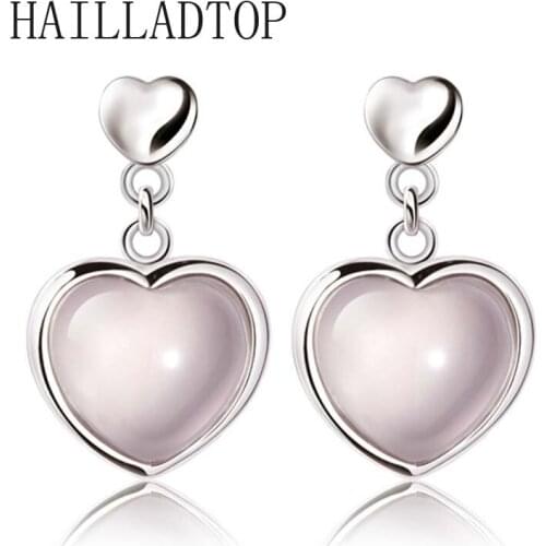 Pink Crystal Heart print Silver Plated Earrings Natural Hibiscus Stone Earrings Wedding Banquet Earrings Fashion Ear Jewelry