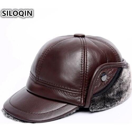 SILOQIN Genuine Leather Hat Winter Mens Warm Plus Velvet Thick Bomber Hats Cowhide Earmuffs Caps For Men New Brands Dad Cap