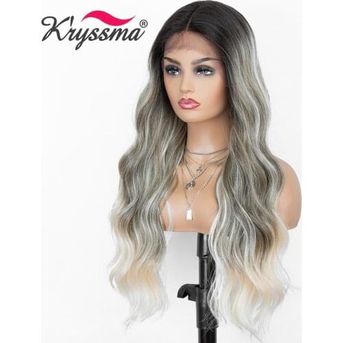 Kryssma Long Wave Synthetic Wigs For Ombre Grey Black Wig Mixed Blonde Lace Front Wig Women Cosplay Wigs Heat Resistant Fiber