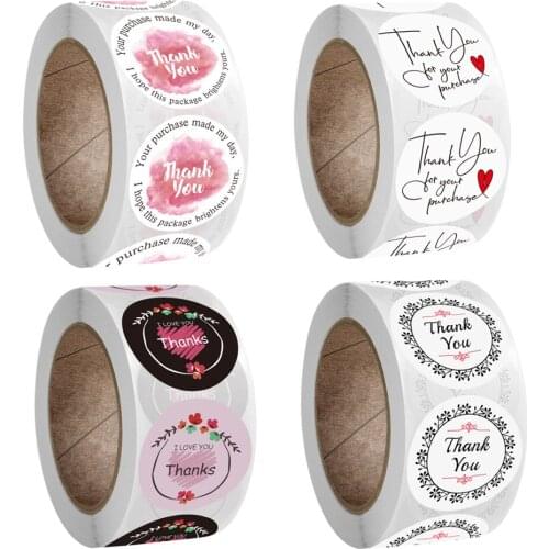 Thank You Business Stickers Purchase Shipping Stickers Pink Ink Painting Gift Wrap Labels White Background with Red Heart Design