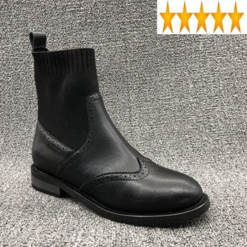 New Women Sock Ankle Autumn Round Toe Casual Patchwork Genuine Leather Runway Thick Heel Brogues Boots Female
