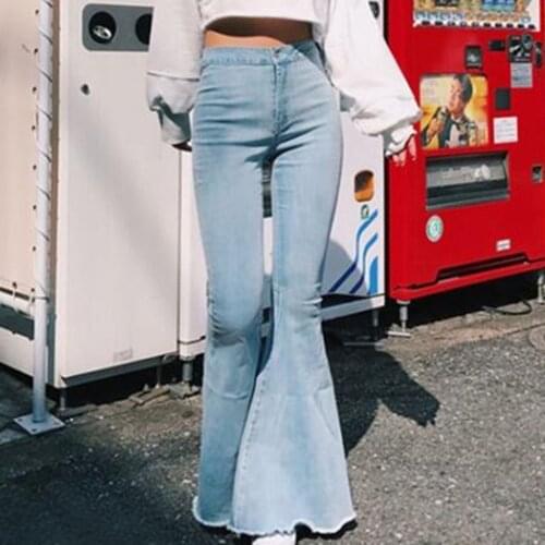 Ladies summer denim trousers casual fashion high waist slim big flared denim trousers