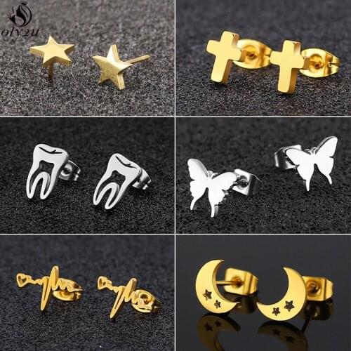 Oly2u Korean Stainless Steel Earrings for Women pendientes 2019 Butterfly Star Moon Cross Stud Earrings Birthday Gifts Wholesale