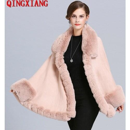 2019 Winter Knitted Out Coat With Fur Batwing Sleeves Warm Big Fur Neck Cloak Women Hairy Cardigan Black Faux Fox Fur Cape