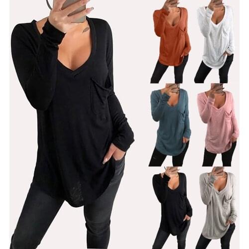 Womens Spring Autumn Top V-Neck Solid Long Sleeve Pullover Shirt with Pocket Sexy Simple Pure Color Party Clothes Camiseta