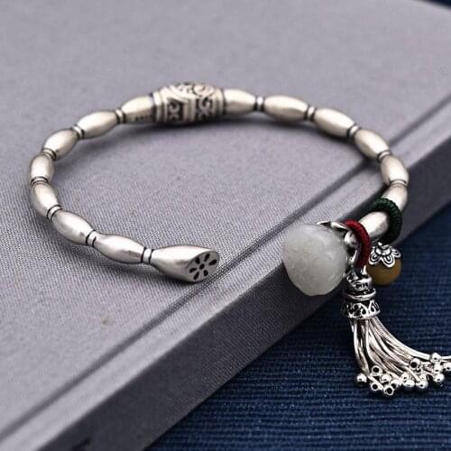 S925 Silver Bracelet for Women Fashion Ornament Solid Open Handmade Silver Vintage Hetian Jade Lotus Root Bracelet Silver