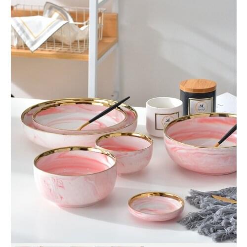 1pc Pink Marble Ceramic Dinner Dish Plate Rice Noodles Salad Bowl Soup Plates fruit Dinnerware Sets Home Tableware Kitchen Cook