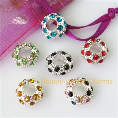 10 New Charms Round Flat 5mm Hole Beads fit European Bracelets Crystal Mixed 12mm