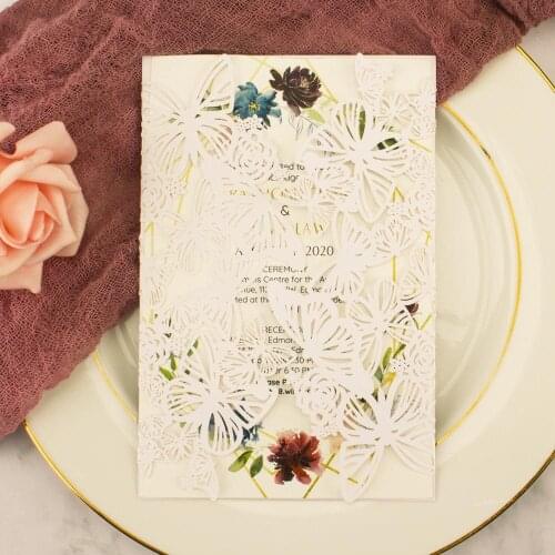 10pcs Luxury Pearl White Paper Laser Cut Butterfly Wedding Invitation Cards Greeting Favor Invite Card For Party Anniversary