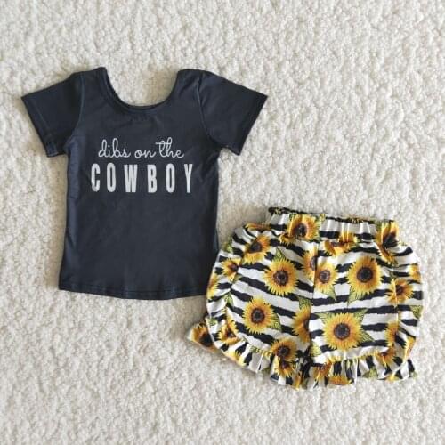 2021 summer new arrival girl clothing set cowboy black tshirt top sunflower pants baby kids outfits western style rts