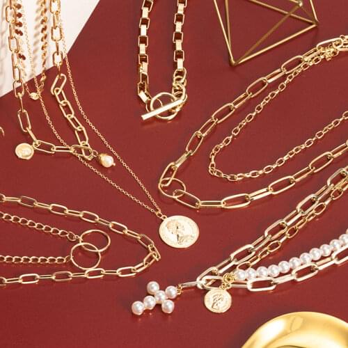 2021 Fashion Chain Pearl Necklace For Women Baroque Pearl Metal Charm Pendants Necklaces Vintage Chain Jewelry Gold Silver Color