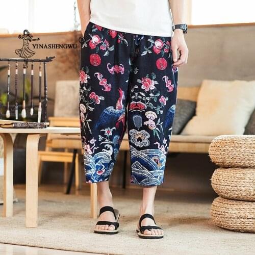 Kimono Pants Summer Men Seven-Points Pants Wide Leg Japanese Style Harajuku Print Casual Loose Trousers Thin Asian Clothes