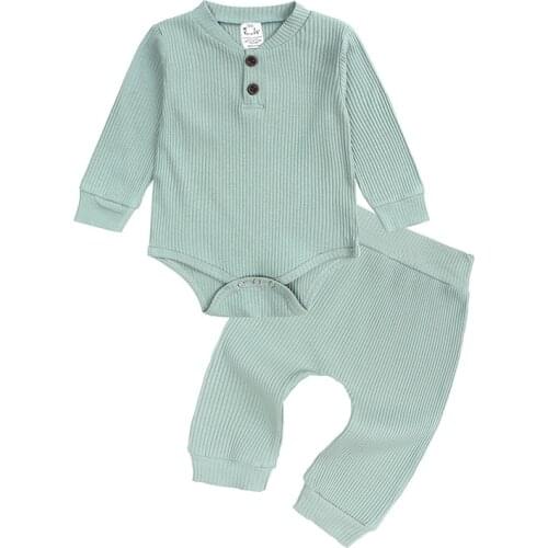 Autumn Unisex Infant Long Sleeve Romper Set Toddler Boys Solid Color Jumpsuit Sleepwear 0-2 Year Baby Clothing 2 Pieces Suits