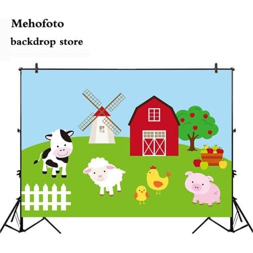 Mehofoto Farm theme photography backdrop Red Barn Barnyard Tractor Balloons Animals Fence Garden Custom photo backgrounds 502