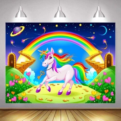 Rainbow Unicorn Studio Photography Starry Sky Cartoon Background Girl Birthday Party 3D Children Photo Digital Backdrop Cloth