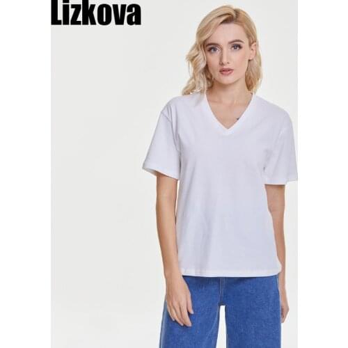 Lizkova Summer White T-shirts Women 2021 100% Cotton V-neck Short Sleeve Mujer Camisetas Spring Soft Casual Tops 6001