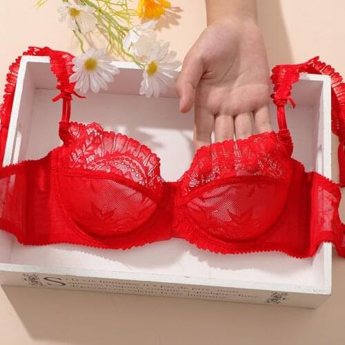 2021 New Ultra Thin Bra And Panty Set Plus Size Women Red Sexy Lingerie Embroidery Lace Underwear Female Transparent Brassiere