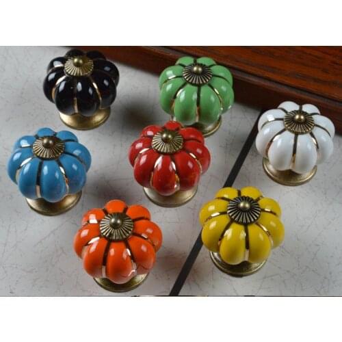Cute Pumpkin design ceramic with alloy fabric wardrobe door cupboard handle,pastoral seven color crystal gemstone knobs