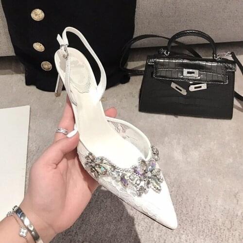 Summer new white pointed rhinestone lace bridal wedding shoes crystal wild stiletto banquet dress small size female sandals