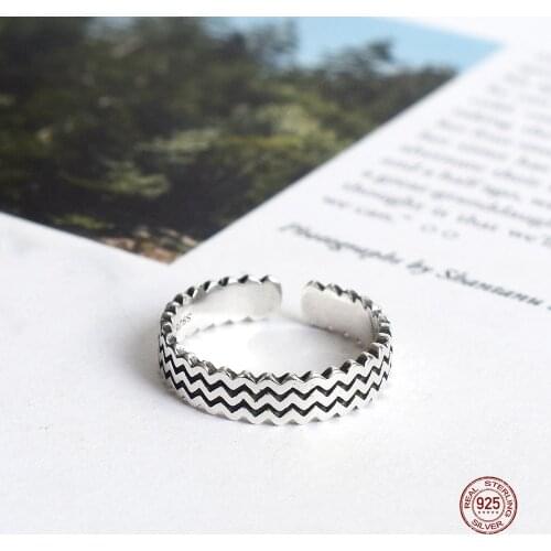LKO Vintage Wave 925 Sterling Silver Open Rings Ring Everyday Jewelry Adjustable Ring For Women Men Jewelry Simple Ornaments