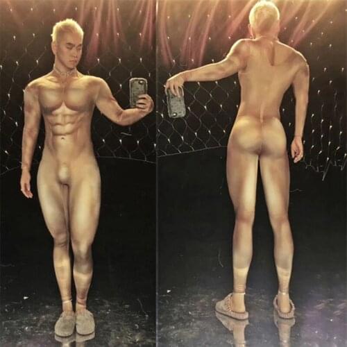 Male False Muscle Printed Skinny Jumpsuit Sexy Nude Skin Color Elastic Leotard Pole Dance Costume Bar Club Party Show Stage Wear