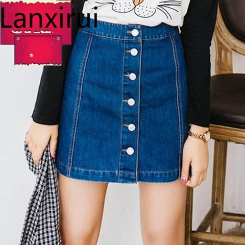On Sale Summer Sexy Womens Vintage A -Line Pencil Jeans Skirt Front Button High Waist Denim Skirt Female Ladies Falda