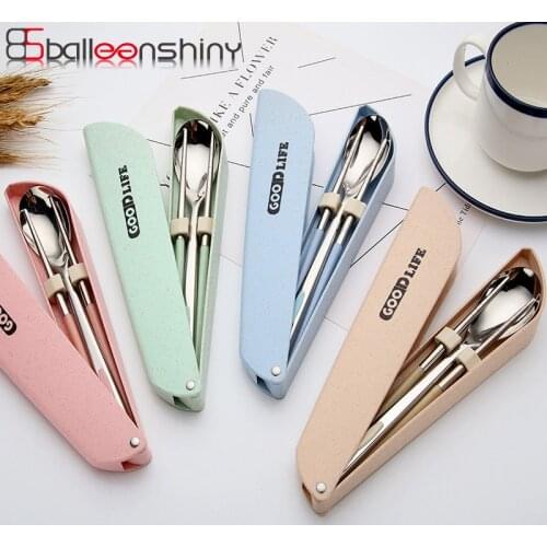 BalleenShiny 2pcs/set Tableware Set Kitchen Portable Chopsticks Spoon Rice Soup Snack Children School Office Picnic Dinnerware