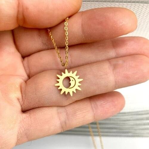 Stainless Steel Moon And Sun Pendant Necklace For Women Vintage Human Face Crescent Long Choker Chain Boho Jewelry Collier Femme