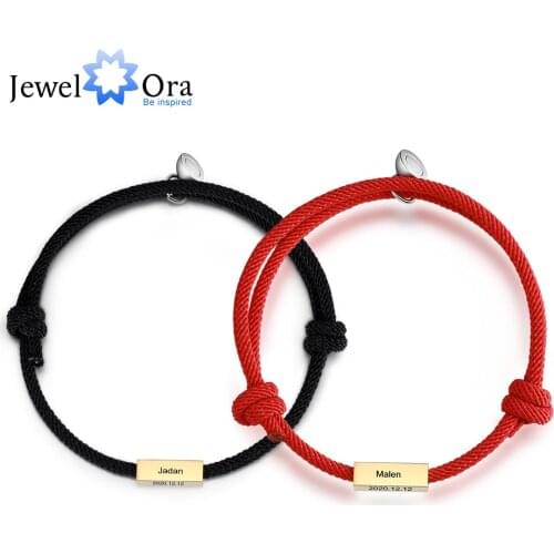 Personalized Stainless Steel Magnetic Couple Bracelet Customized Engraving Name Adjustable Rope Bracelets Mothers Day Gifts