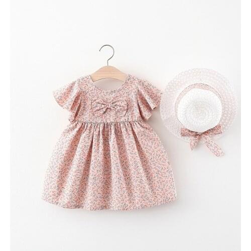 2021 New Summer Fashion Princess Dresses Girls Sweet Bowknot Cute Outfits Baby Girls Bow Print Short-sleeved Dress with Hat