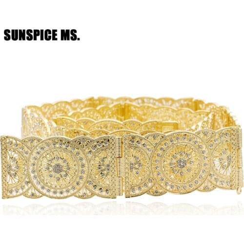 Sunspicems Gold Silver Color Moroccan Cafan Belt For Women Rhinestone Wedding Jewelry Round Metal Waist Link Chain
