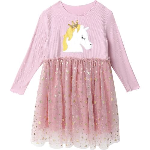 Gilttering Star Kids Dress For Girls Cute Horse Pattern Princess Girl Dresses Long Sleeve Toddler Spring Children Dress Clothing