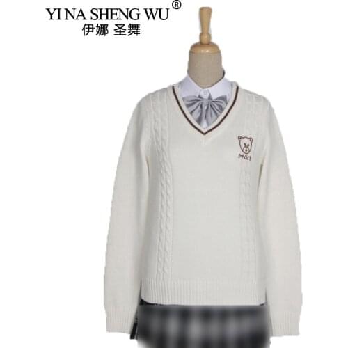 British Style Uniform JK School Uniform Sweater For Girls Women V-neck Sweater Long Sleeve Knitted Uniform Cute Bear Pattern