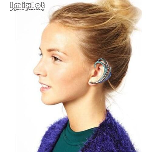 New Fashion Sliver Gold Color Rhinstone Feather Long Earcuffs Bohemian Crystal Clip On Ear Cuff For Women Earring Clips Jewelry