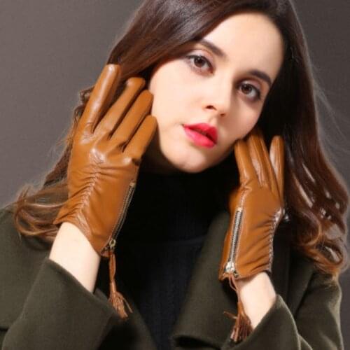 Spring Autumn Womens Genuine Sheepskin Leather Gloves Fashion Female Glove With Tassel Real Leather SL3003