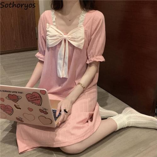 Women Patchwork Sleepshirts Bow Sweet Girls Short Sleeve Fresh Students Cozy Loose Mid-calf Nightgowns Square Collar Lounge Chic