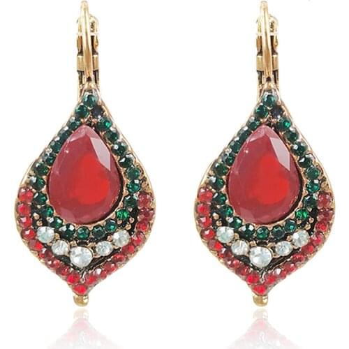 CRLEY Teardrop Black Dark Red Stud Earrings for Women Retro Vintage Glittering Droplet Tear Ethnic Rhinestone Jewelry Gift