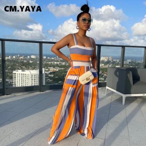 CM.YAYA Women Jumpsuit Print Sleeveless Strap Slash Neck Elastic Waist Wide Leg Jumpsuits with Pockets Casual Outfits Summer