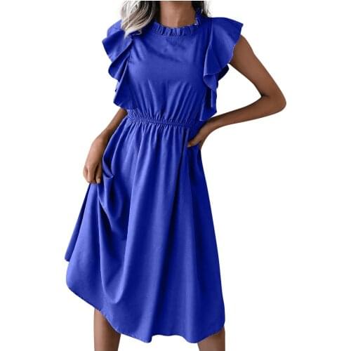 Beach Summer Dress Women 2021 High Waist Casual Solid Sexy Green Black White Ruffle Midi Party Dress Round Collar Robe Femme