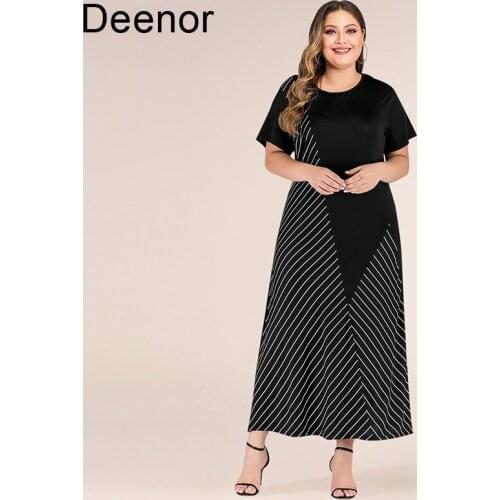 Deenor Plus Size Dresses Black Black O Neck Short Sleeve Contrast Color Stripe Patchwork Maxi Dresses Loose Summer Dresses 2021