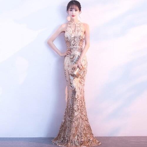 Elegant Gold Paisley Pattern Sequined Halter Sleeveless Sexy Backless Long Mermaid Slim Celebrity Party Dress Vestidos Wholesale